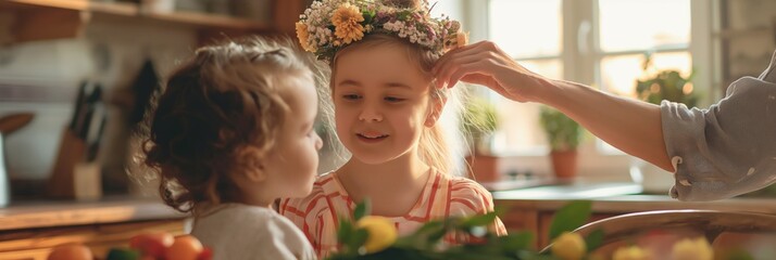 Young girl with flower crown receiving attention from another child in a bright kitchen