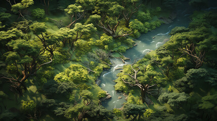 An aerial view of a lush green forest with a river running through it