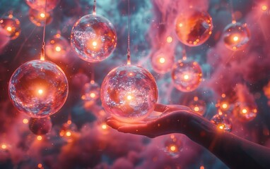 Hand reaching for pink and yellow orbs in misty darkness.