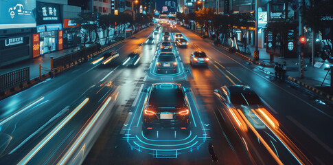Fototapeta premium Revolutionized urban traffic system with autonomous vehicles smoothly navigating through smart city streets