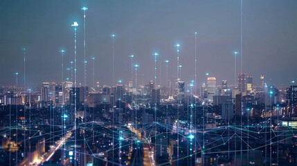 Revolutionary smart grid system visualized with dynamic energy flows and connected IoT devices across a metropolitan landscape