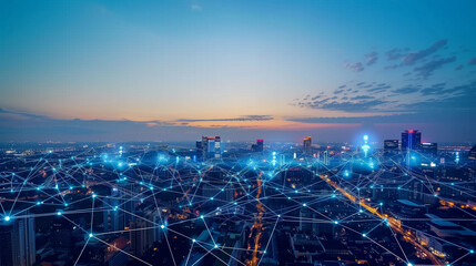 Revolutionary smart grid system visualized with dynamic energy flows and connected IoT devices across a metropolitan landscape