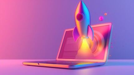 Space rocket launch from laptop screen as startup and marketing futuristic promotion icon. Generative AI