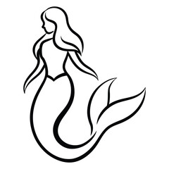 Beautiful Line art Mermaid with Long Tail Vector illustration. Mermaid princess woman silhouette. Girls with fins underwater. Fish.