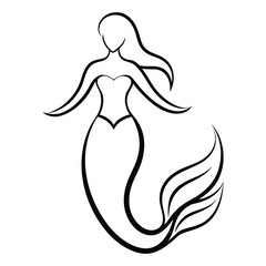 Beautiful Line art Mermaid with Long Tail Vector illustration. Mermaid princess woman silhouette. Girls with fins underwater. Fish.