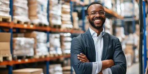 Fototapeta premium A smiling young businessman in a blue blazer stands confidently with his arms crossed in a warehouse