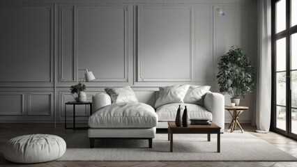 White living room with sofa with Scandinavian interior design