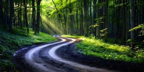 Dirt road winding through lush green forest sunlight filtering through leaves. Concept Nature Photography, Sunlight, Forest, Dirt Road, Lush Green