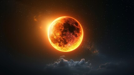 Lunar eclipse, with the dark moon enveloped by the glowing, fiery edges of the solar corona