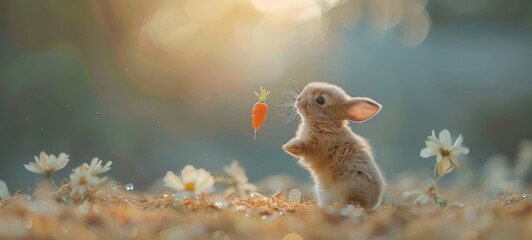 Adorable bunny reaching for dangling carrot under soft indoor lighting, surrounded by sky blue, rose, fuchsia, and yellow colors.