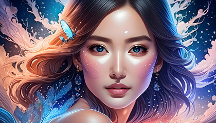 Naklejka premium Abstract young woman is spotless Brightening Boosting Essence on Generative AI.