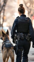 Female police officer and her K9 partner patrolling a crowded city street