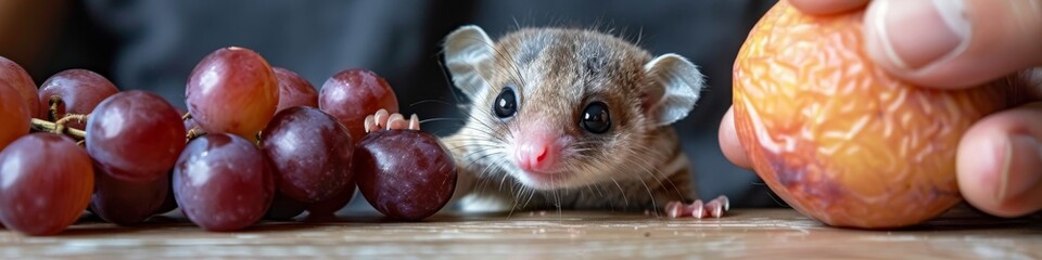 Obraz premium Cute sugar glider reaching for grape on table.