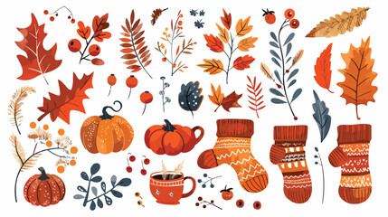 Autumn bundle of cute and cozy design elements. Four