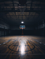 A Large Indoor basketball court in the darkness