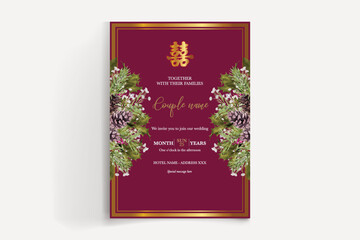 WEDDING INVITATION FRAME WITH FLOWER DECORATIONS AND FRESH LEAVES