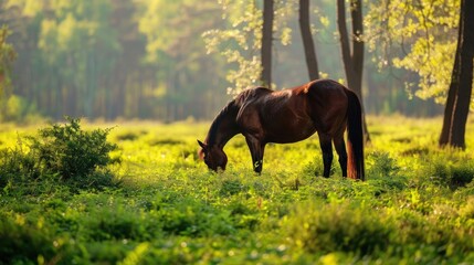 Majestic Stallion Grazing Freely in Lush Green Pasture