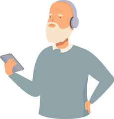 Illustration of an elderly man wearing headphones and holding a mobile phone with a thoughtful expression