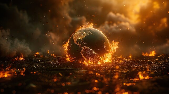 planet earth globe burning destroyed by fire conceptual illustration of global warming temperature increase over heating of the world in climate change.illustration stock image