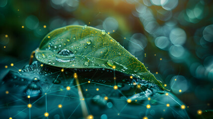 Photo realistic Water drop reflecting digital charts concept on leaf   blend of natural elements and technological business analytics