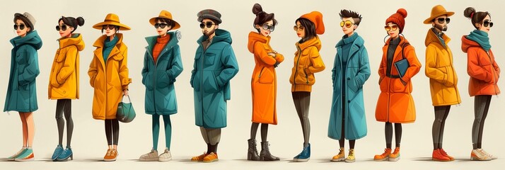 Colorful cartoon characters in blue, mustard, mauve, and green outfits with unique personalities and fashion sense.