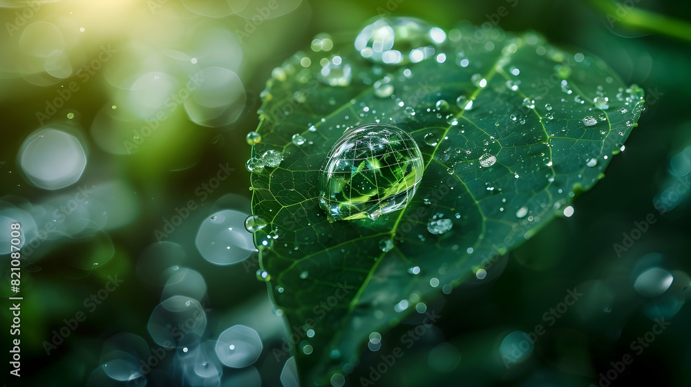 Poster a water drop on a leaf reflecting a global business network map symbolizing the integration of natur