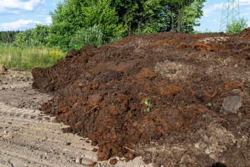 Digging out peat from marshy swamps, visible mountains made of peat.