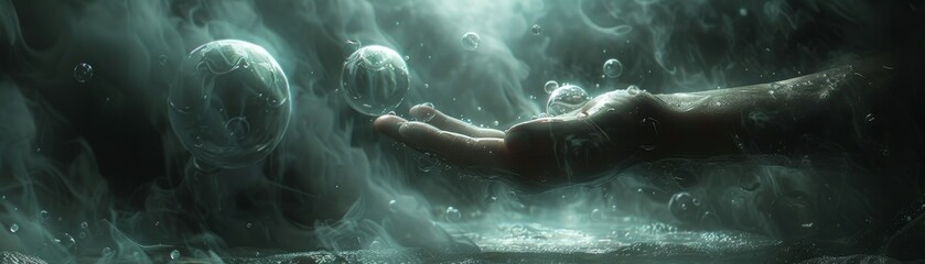 Fototapeta premium A tranquil hand leads glowing orbs through shadowy mist.
