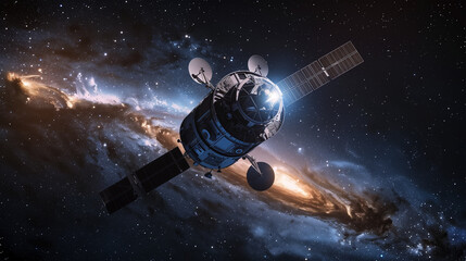 Naklejka premium Space station orbiting a newly discovered exoplanet, showcasing advanced propulsion technologies and modular architecture