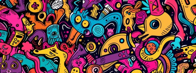 Naklejka premium A playful, cartoonish background with doodles and sketches in bright colors.
