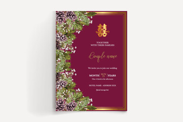WEDDING INVITATION FRAME WITH FLOWER DECORATIONS AND FRESH LEAVES