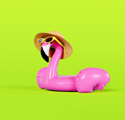 Pink flamingo with sunglasses and hat on fluorescent green summer background. 3D Rendering, 3D Illustration