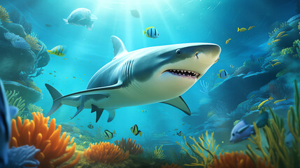 Fototapeta premium A great white shark swims through a coral reef, surrounded by schools of colorful fish