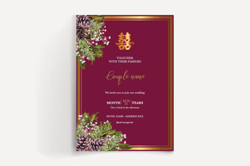 WEDDING INVITATION FRAME WITH FLOWER DECORATIONS AND FRESH LEAVES
