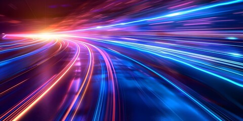 Abstract neon road with blue lights streaks of light and acceleration. Concept Neon Lights, vibrant colors, motion blur, futuristic design, speed and acceleration