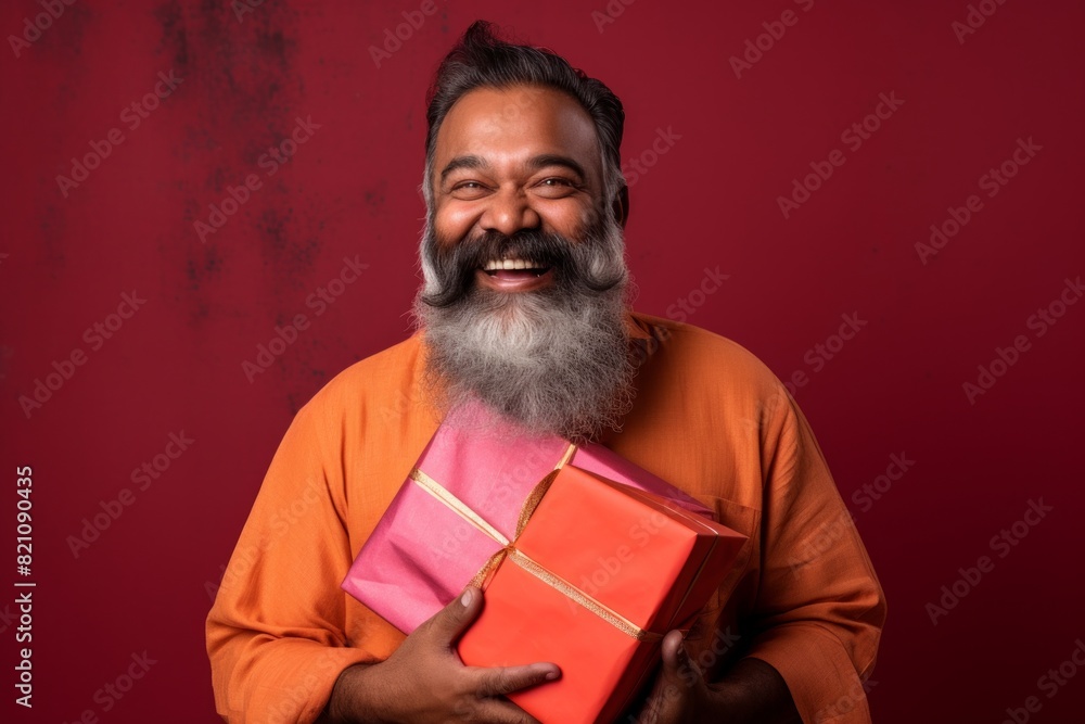 Wall mural Portrait of a jovial indian man in his 40s holding a gift on solid color backdrop