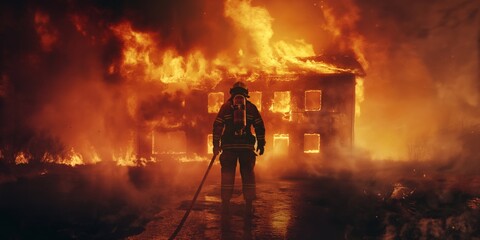 Fototapeta premium An intense image of a firefighter combating a blazing house fire alone, representing bravery and danger