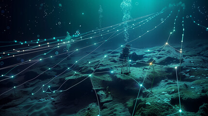 Underwater communication network visualized with light beams connecting subsea data stations in a bioluminescent ocean