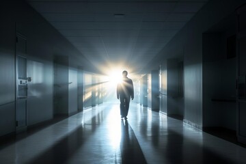 Obraz premium A silhouette of a person walking towards bright light at the end of a dark hallway, depicting concept of end of life, night shift, afterlife.