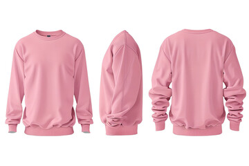 Pink sweater from the front, back, and side. A mockup of a pink t-shirt on a transparent background.