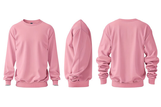 Pink sweater from the front, back, and side. A mockup of a pink t-shirt on a transparent background.
