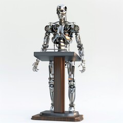 A terminator-style skeletal steel robot standing behind a lectern in a white background.