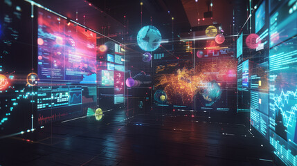 Virtual reality environment representing a complex scientific data analysis, with floating 3D charts and holographic projections