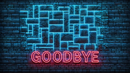 Fototapeta premium Photo of a bright pink neon “GOODBYE” sign mounted on an intricate blue brick wall