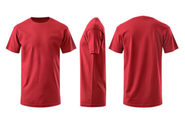 A red plain T-shirt was photographed from the front, back, and side. A mockup of a blank t-shirt with no design for customization.