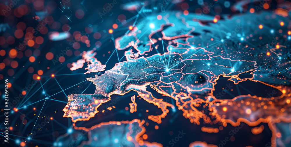 Poster global cybernetic network showcasing interconnected data nodes across a neon-lit digital map of euro