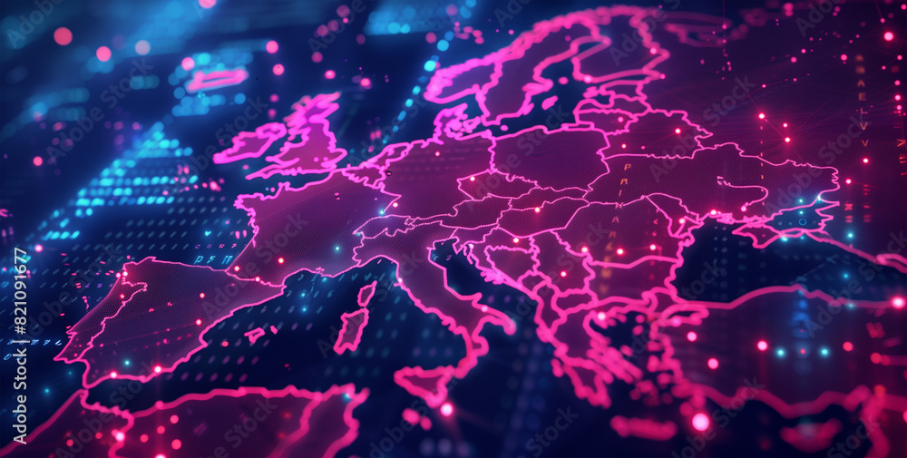 Poster global cybernetic network showcasing interconnected data nodes across a neon-lit digital map of euro
