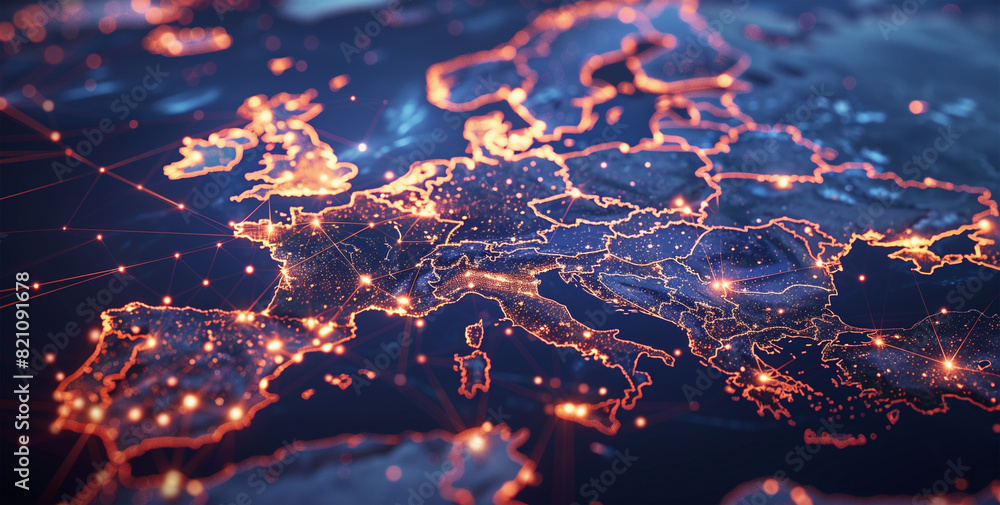 Poster global cybernetic network showcasing interconnected data nodes across a neon-lit digital map of euro