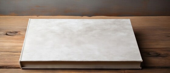 Blank book cover with a textured spine, neutral colors, laid flat on a wooden surface, highquality closeup, ready for custom design.