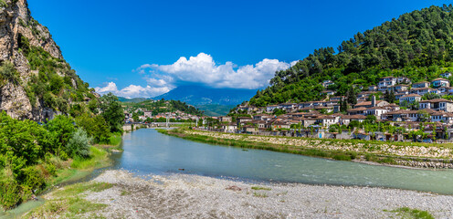 A panorama view across the River Osum towards the south bank and Old Quarter in Berat, Albania in...